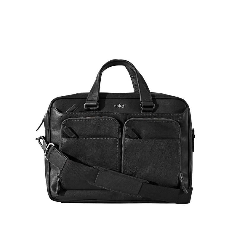 eske Men Black Textured Dual Compartment Trolley Strap 15 inch Leather Laptop Briefcase