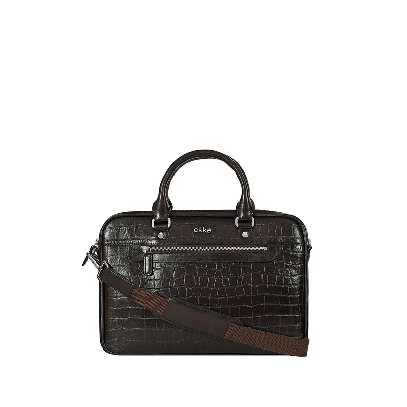 eske Men Brown Textured Slim Design Detachable Strap 13 inch Leather Laptop Bag Briefcase