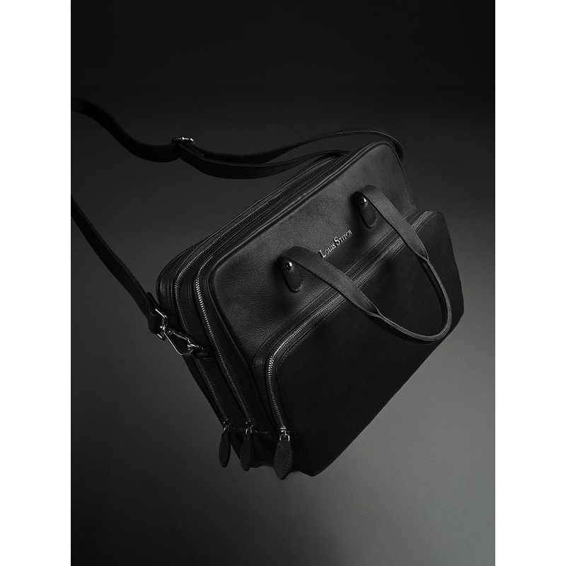 LOUIS STITCH Men Italian Milled Leather Jet Black Slim Laptop Bag