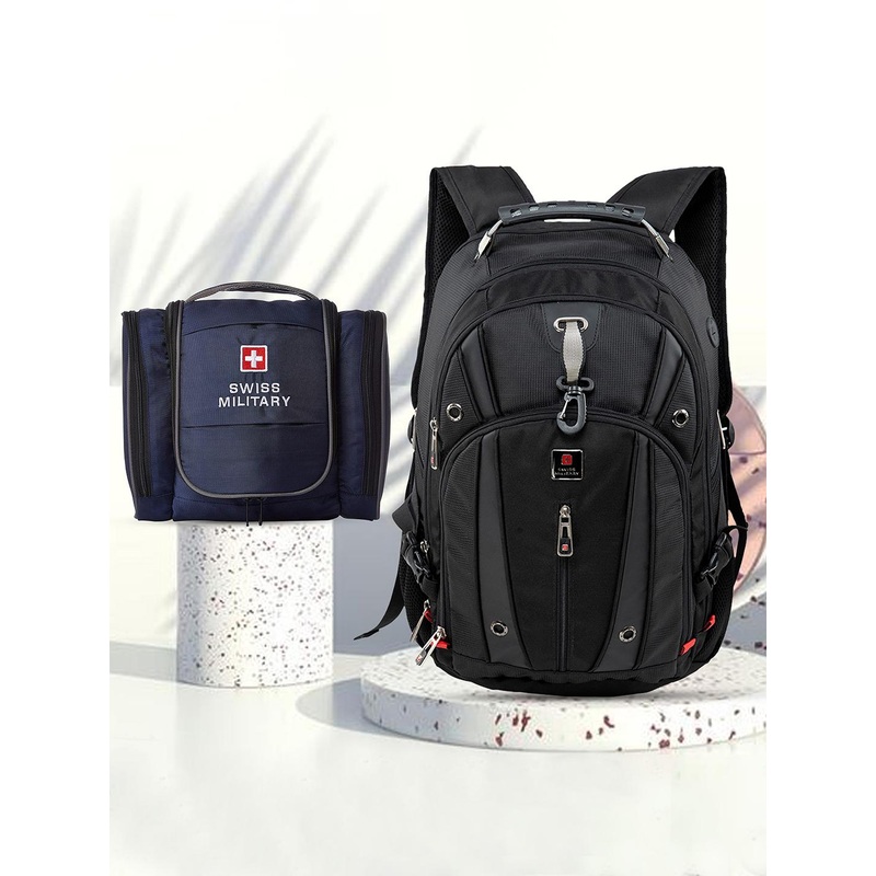 SWISS MILITARY Unisex Black & Blue Brand Logo Backpack with Blue Toiletry Bag