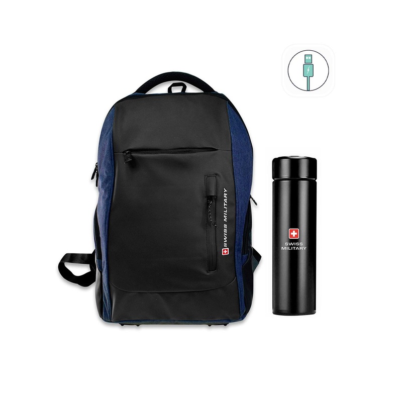 SWISS MILITARY Unisex Blue Brand Logo Backpack with Digital Vacuum Flask