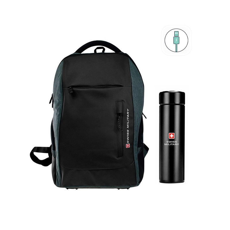 SWISS MILITARY Unisex Grey & Black USB Charging Port Backpack with Digital Vacuum Flask