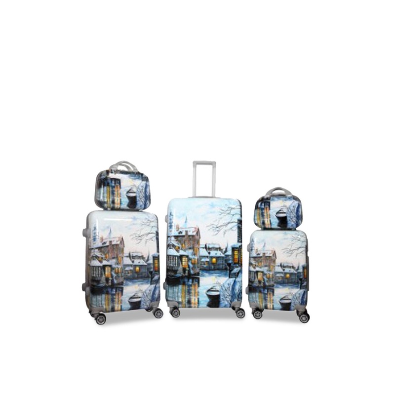 Polo Class Set Of 3 White & Grey Printed Hard-Sided Trolley Suitcases With 2 Vanity Bags