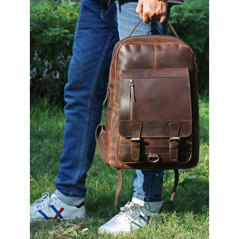 Celtic Unisex FullGrain Leather Backpack Bag YokeStyle Design with Zip Pocket