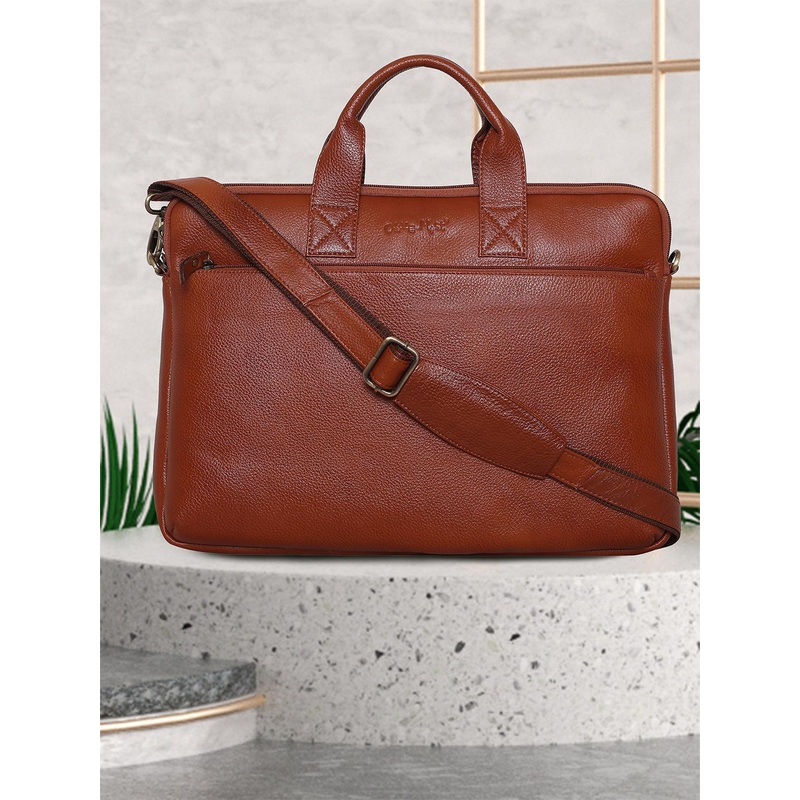 OLIVE MIST Unisex Tan & Gold-Toned Leather Laptop Bag