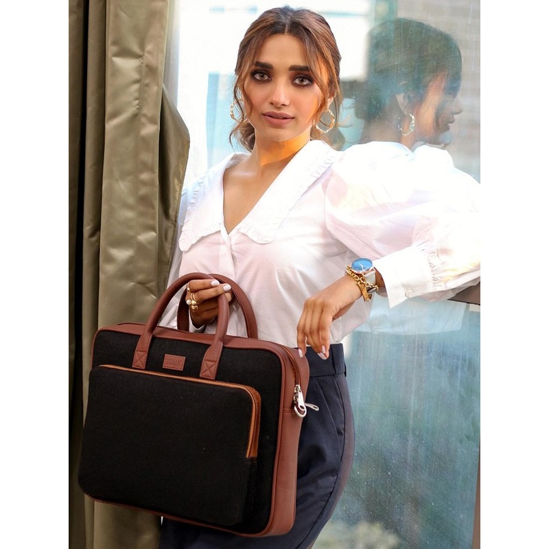 ZOUK Unisex Black Printed Vegan Leather 16 Inch  Laptop Bag