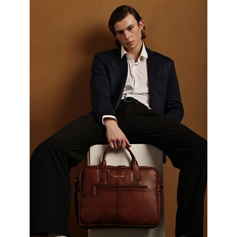 Gauge Machine Unisex Tan 16 inch Genuine Leather Laptop Bag with Adjustable Strap