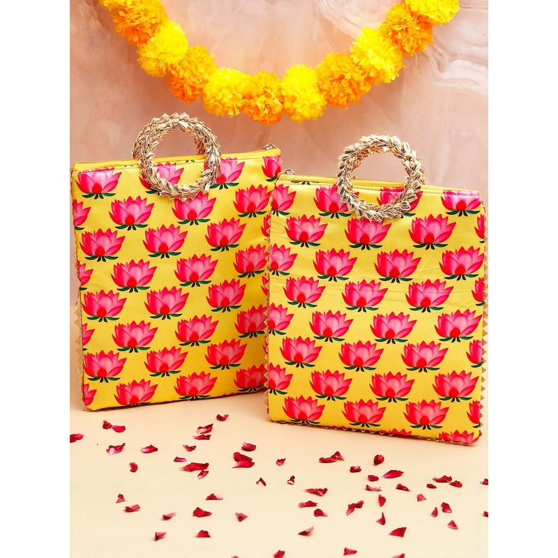 Archies Lotus Floral Printed Handheld Zip Up Fabric Bag