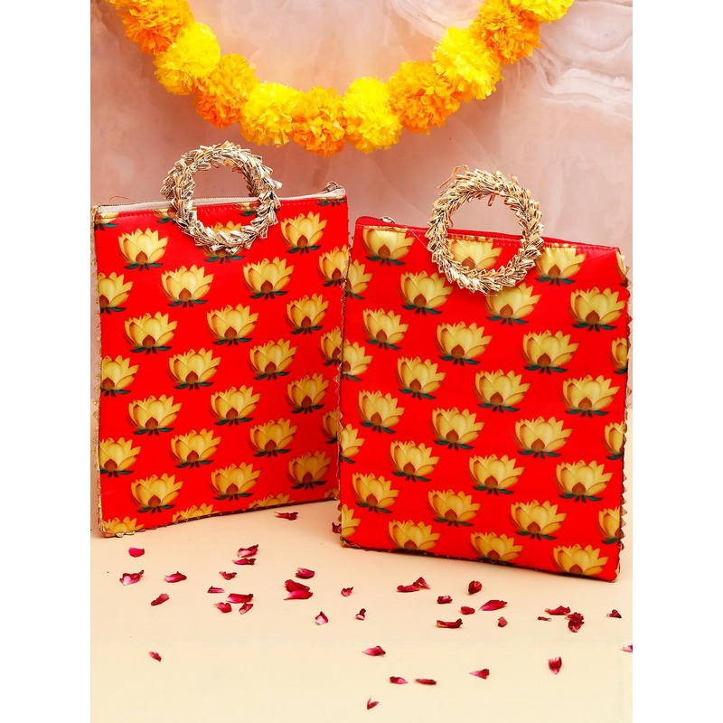 Archies Pack Of 2 Lotus Printed Ethnic Handcrafted Zip Up Fabric Bag