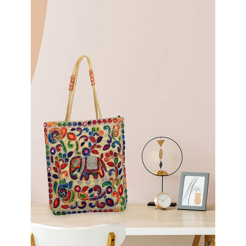 Kuber Industries Floral Embroidered Embellished Shopper Cotton Tote Bag
