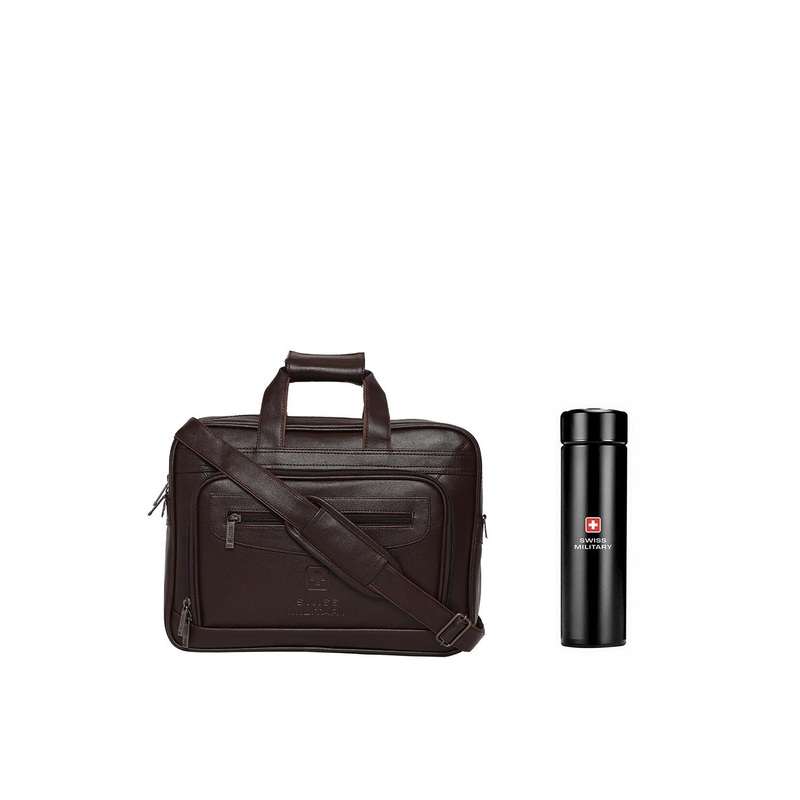 SWISS MILITARY Unisex Brown & Black PU Laptop Bag & Digital Vacuum Flask