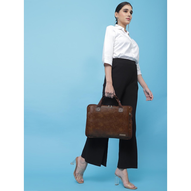 VISMIINTREND Unisex Solid Brown Leather Laptop Bag