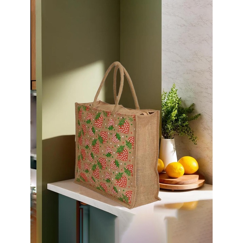 Kuber Industries Floral Printed Structured Jute Handheld Bag