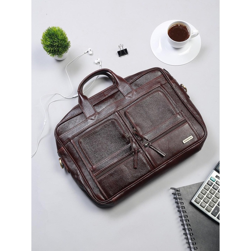 Teakwood Leathers Unisex Brown Textured Genuine Leather Laptop Bag