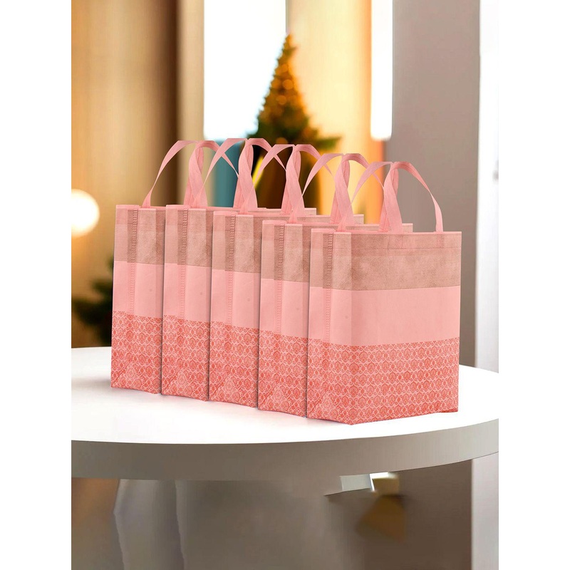 Kuber Industries Pack of 5 Non-Woven Shopping Bag Striped Shopper Tote Bag with Tasselled