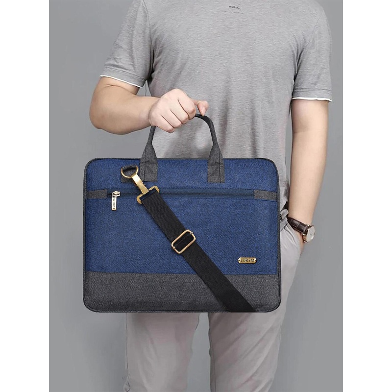 LOREM Blue & Charcoal Colourblocked Synthetic Laptop Bag
