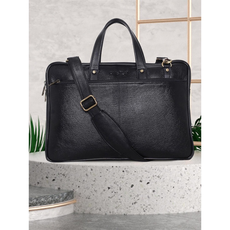 OLIVE MIST Unisex Black & Gold-Toned Leather Laptop Bag