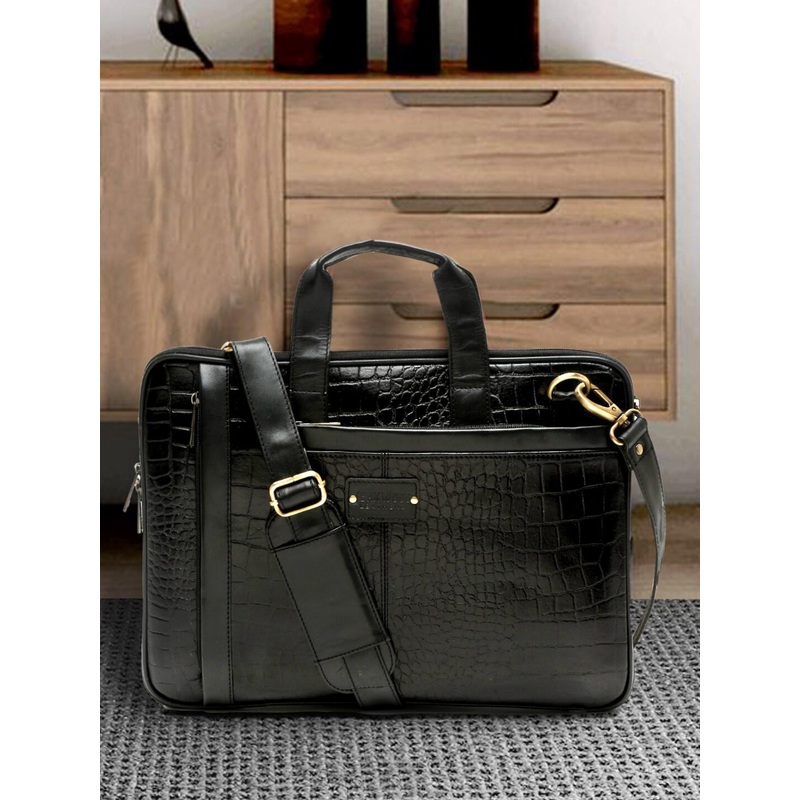 Teakwood Leathers Unisex Black Textured Leather Laptop Bag