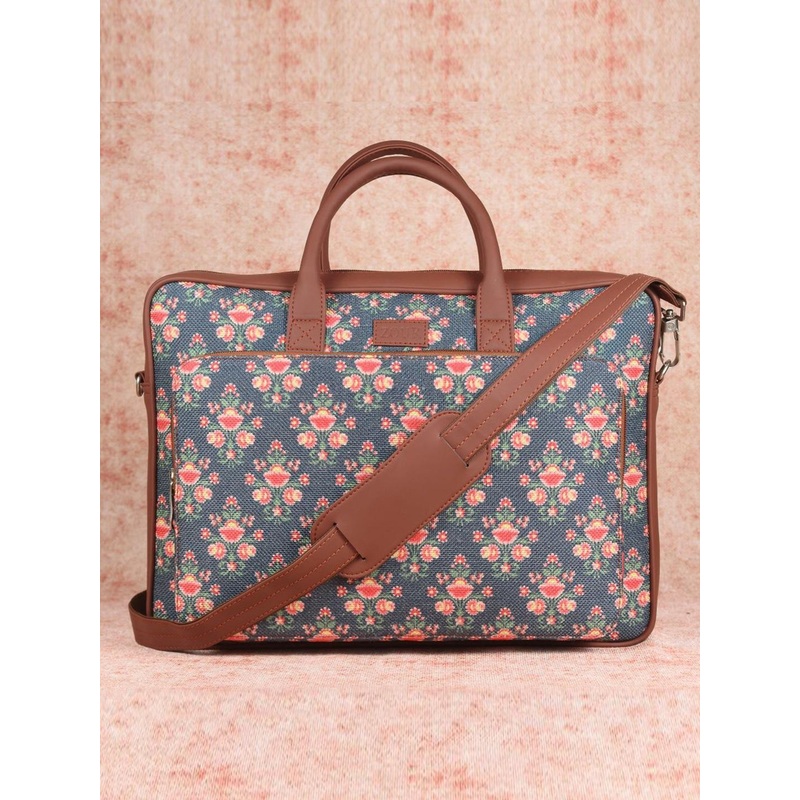 ZOUK Unisex Navy Blue & Brown Mughal Garden Printed Vegan Leather & Jute Laptop Bag