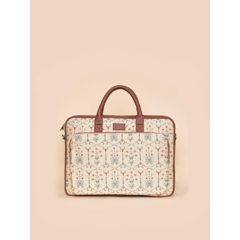 ZOUK Unisex White & Brown Printed Jute Laptop Bag