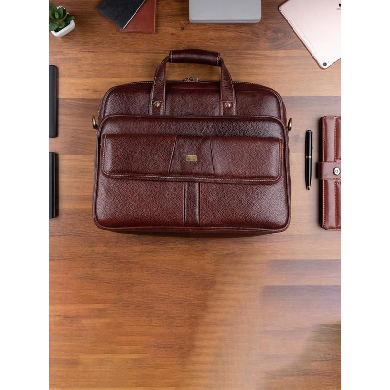 BRAND LEATHER Men Textured Leather Laptop Bag with Zip Closure