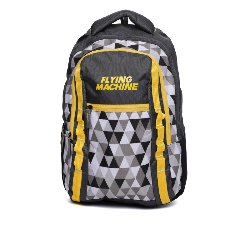 Flying Machine Unisex Charcoal Grey & Yellow Printed Backpack