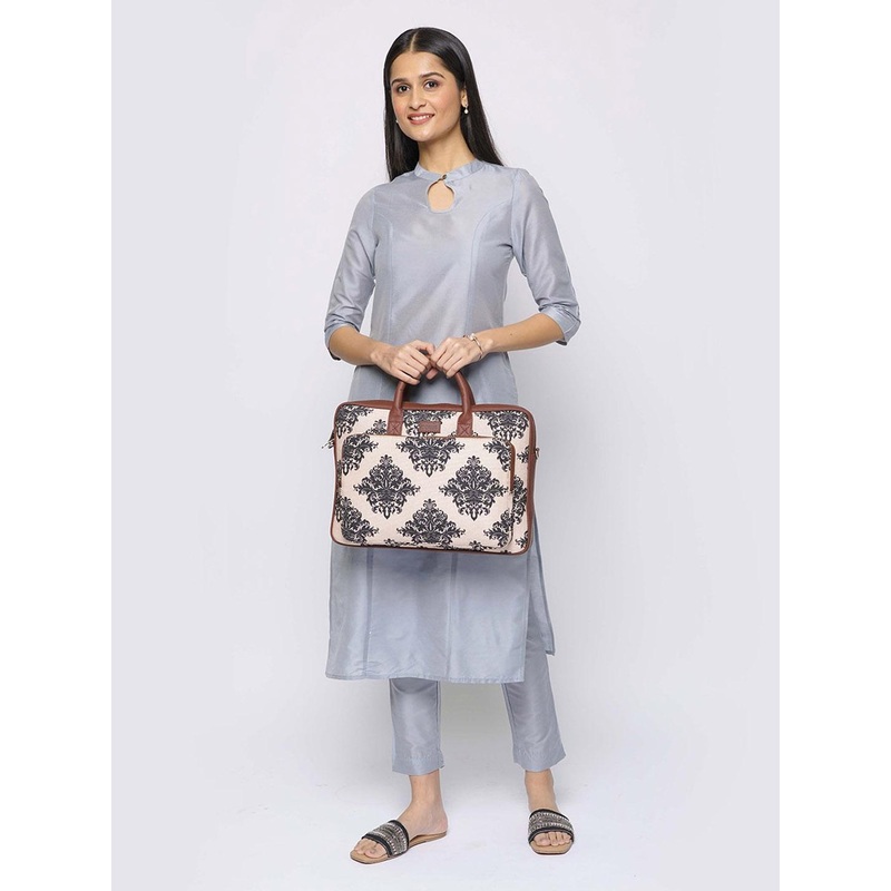 ZOUK Unisex Beige & Navy Blue Printed Vegan Leather 16 Inch Sustainable Laptop Bag