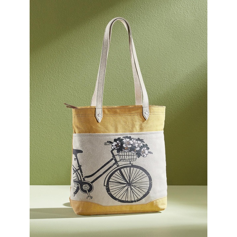 Mona B Yellow & Off White Printed Upcycled Canvas Tote Bag