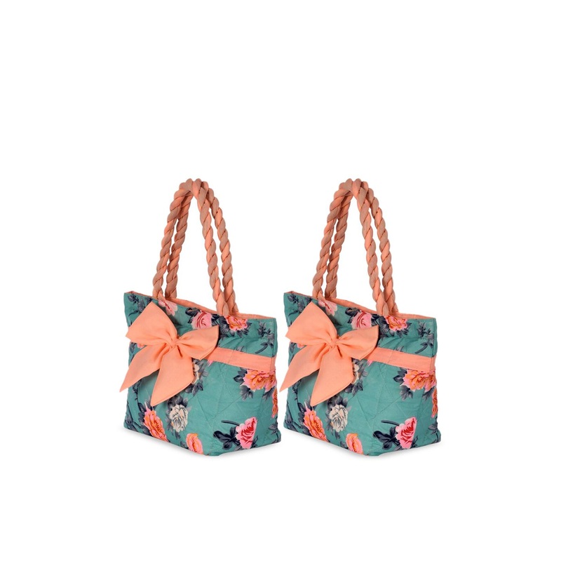 Kuber Industries Pack Of 2 Green Floral Shopper Shoulder Bag with Bow Detail