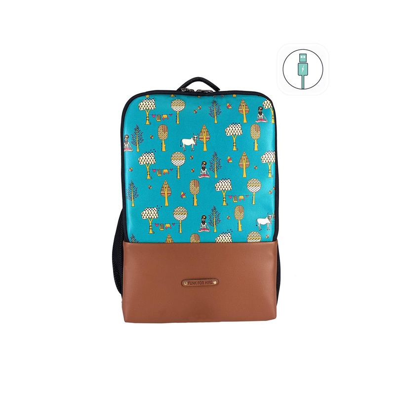 Funk For Hire Unisex Teal & Brown Graphic Backpack with USB Charging Port