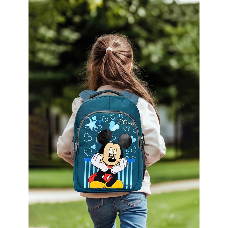 Kuber Industries Mickey Mouse Printed Kids School Bag 3 Comparment Backpack Green