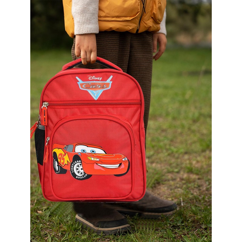 Kuber Industries Boys Disney Car 4 Compartment Kids School Bag Fictional Car Backpack red