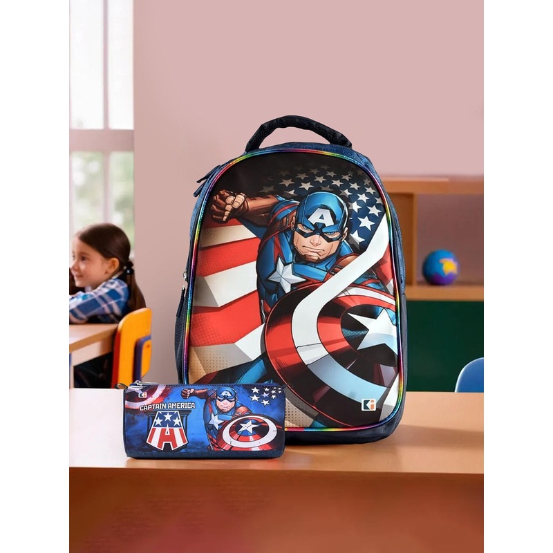 Kuber Industries Combo Set of 2 Disney Avengers Captain America Backpack & Pencil Pouch
