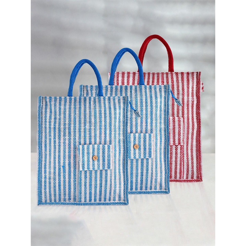 Kuber Industries Pack of 3 Striped Jute Shopper Tote Bags