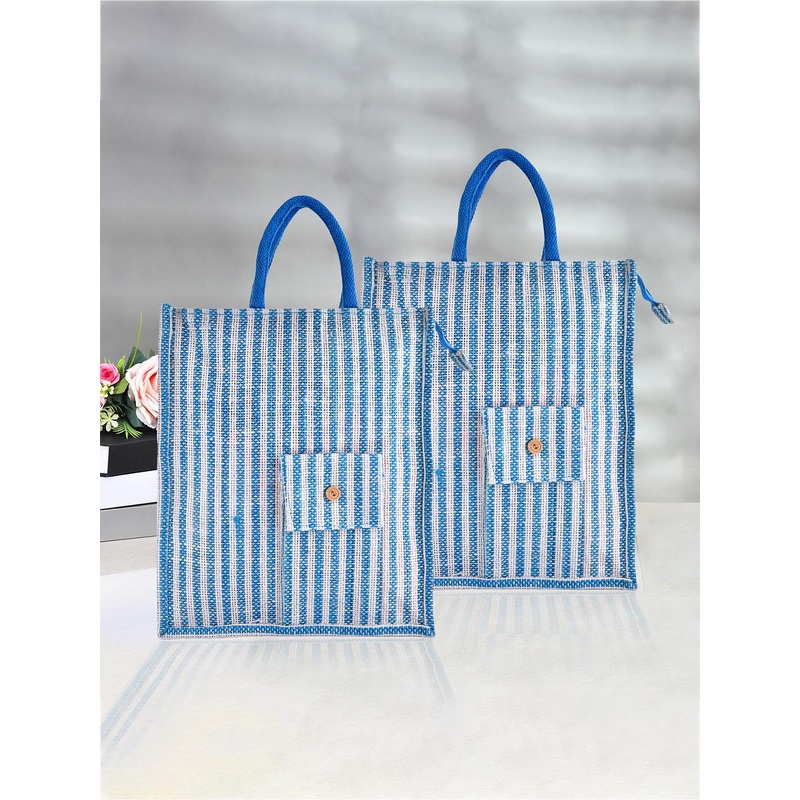 Kuber Industries Set Of 2 Stripes Printed Jute Front Pocket Shopping Bag With Handles