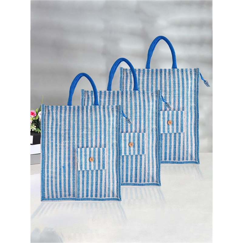 Kuber Industries Set Of 3 Striped Shopper Jute Tote Bags