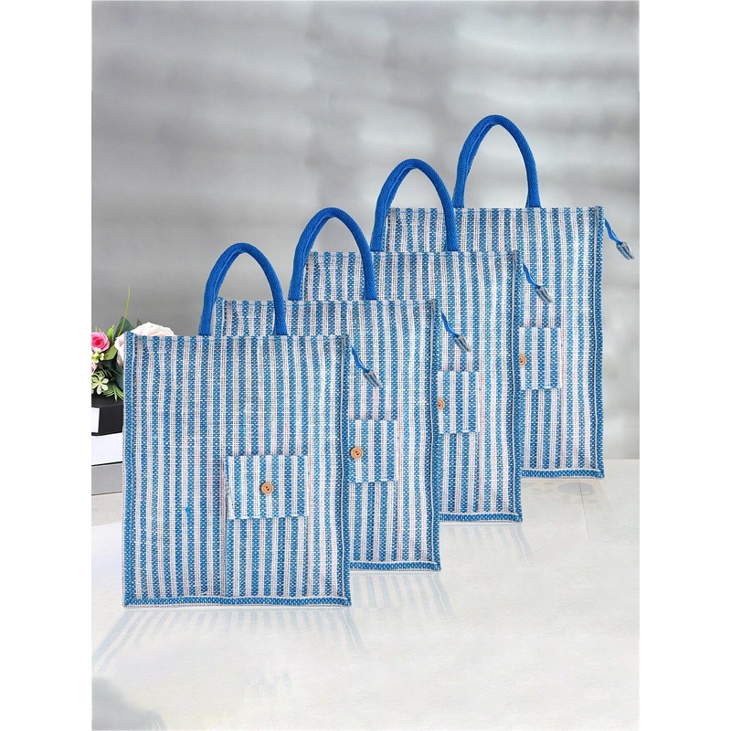 Kuber Industries Set Of 4 Striped Jute Shopping Bag