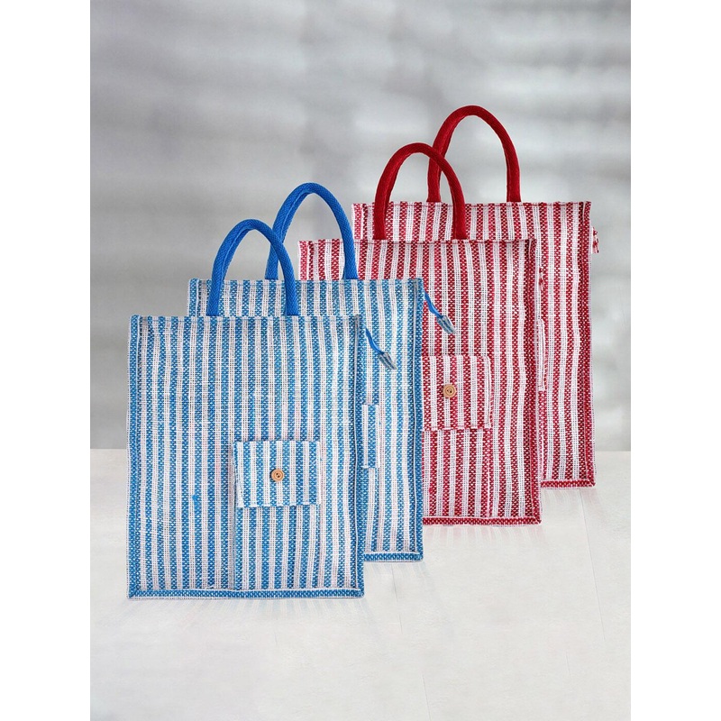 Kuber Industries Set Of 4 Striped Shopper Jute Handheld Bag