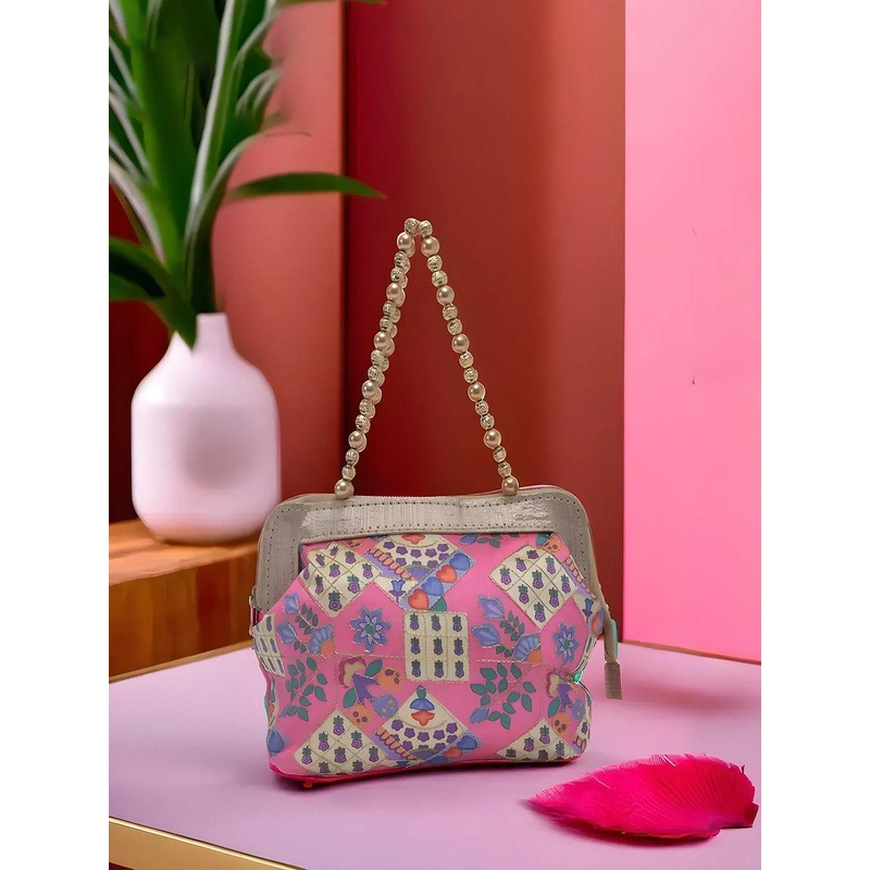 Kuber Industries Embroidery – Pink Small Handbag for Women Double Handle Bag Ladies Purse