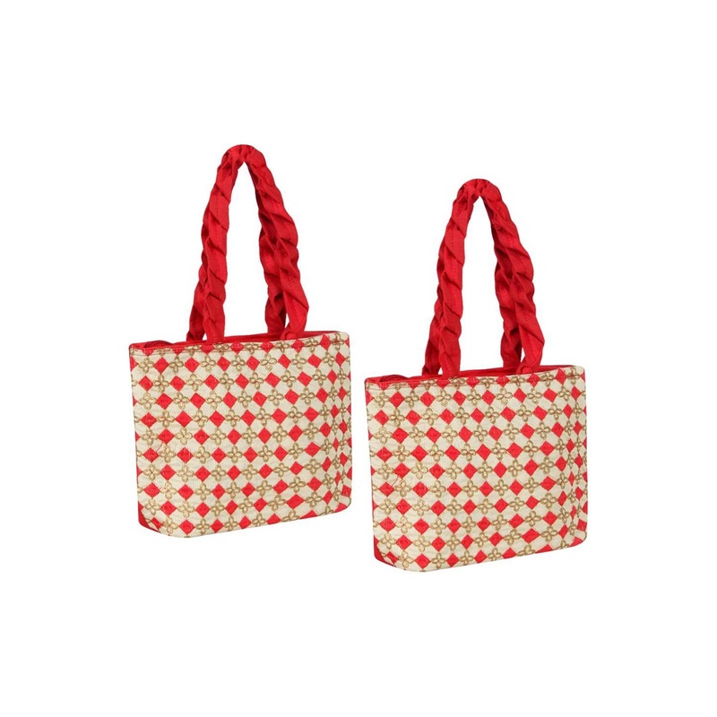 prettykrafts Unisex 2Pcs Red & Beige Embroidered Handheld Bags