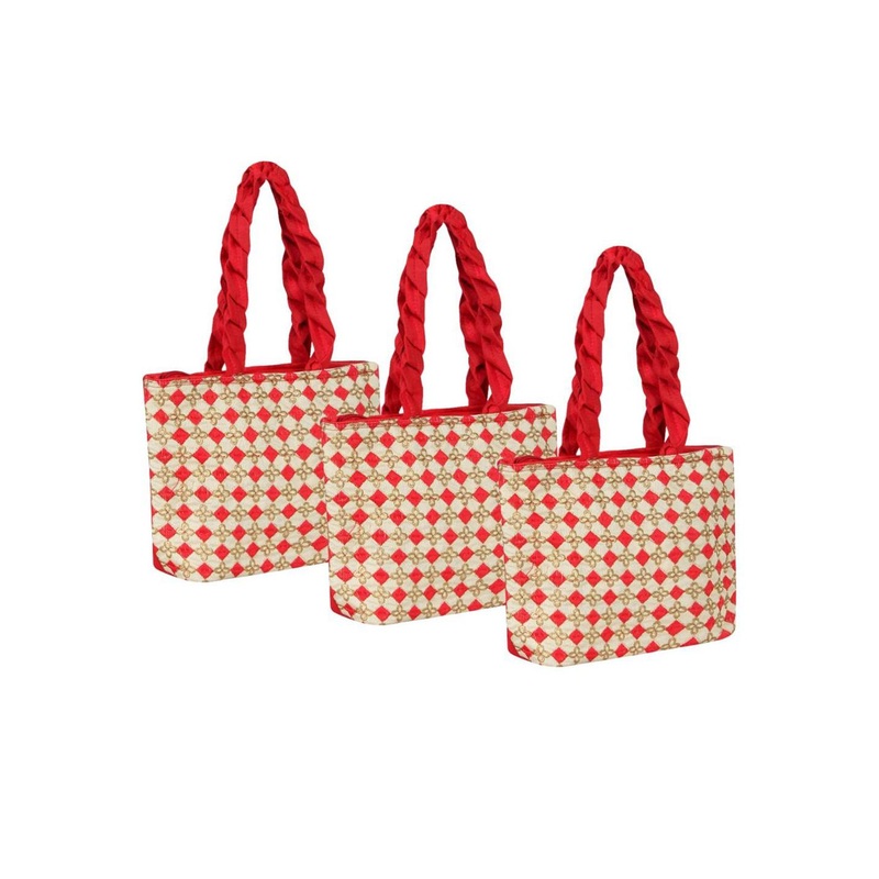 prettykrafts Unisex 3Pcs Red & Beige Embroidered Handheld Bags