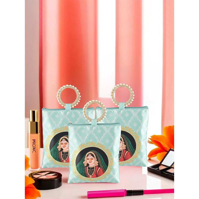 Kuber Industries 3 Pcs Silk Small Hand Bags for Women Printed Shopper Handheld Bag