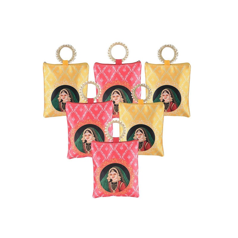 Kuber Industries 6 Pcs Silk Small Women Hand Bag Printed Structured Tote Bag with Quilted