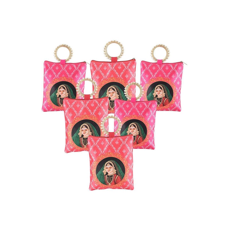 Kuber Industries 6 Pcs Silk Small Women Hand Bags Printed Structured Tote Bag with Quilted