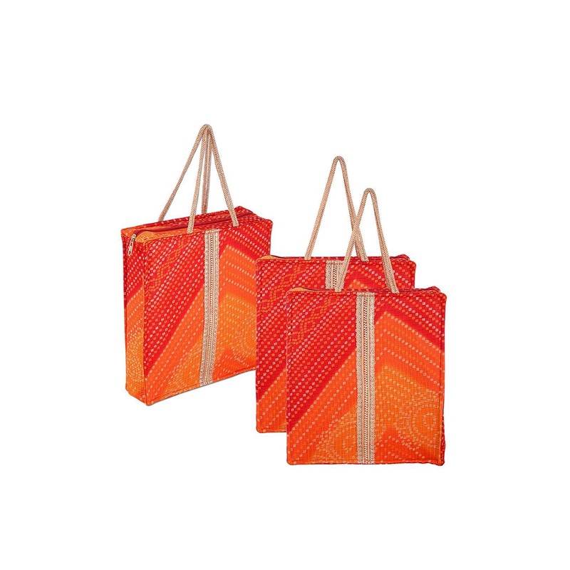 Kuber Industries Set of 3 Red Bandhej Silk Cloth Gift Bag with Zipper Lace and Handle