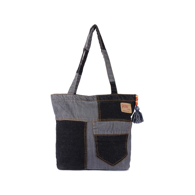 Pose india Colourblocked Structured Cotton Tote Bag with Applique