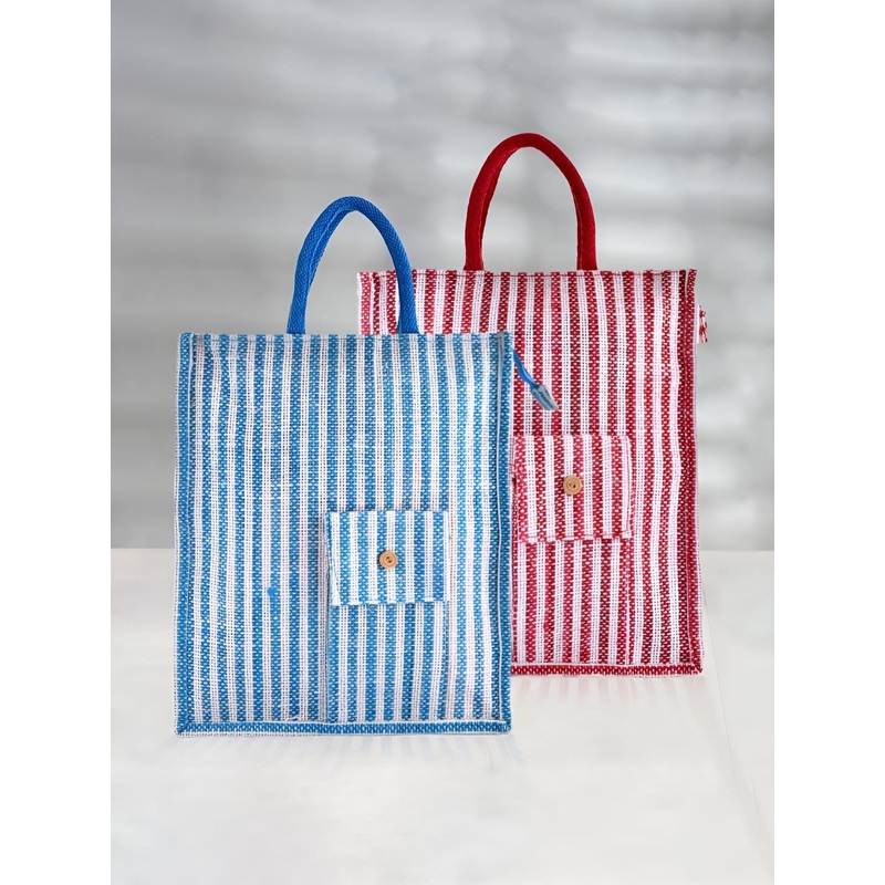 Aura Jute Set Of 2 Striped Oversized Shopper Tote Bag