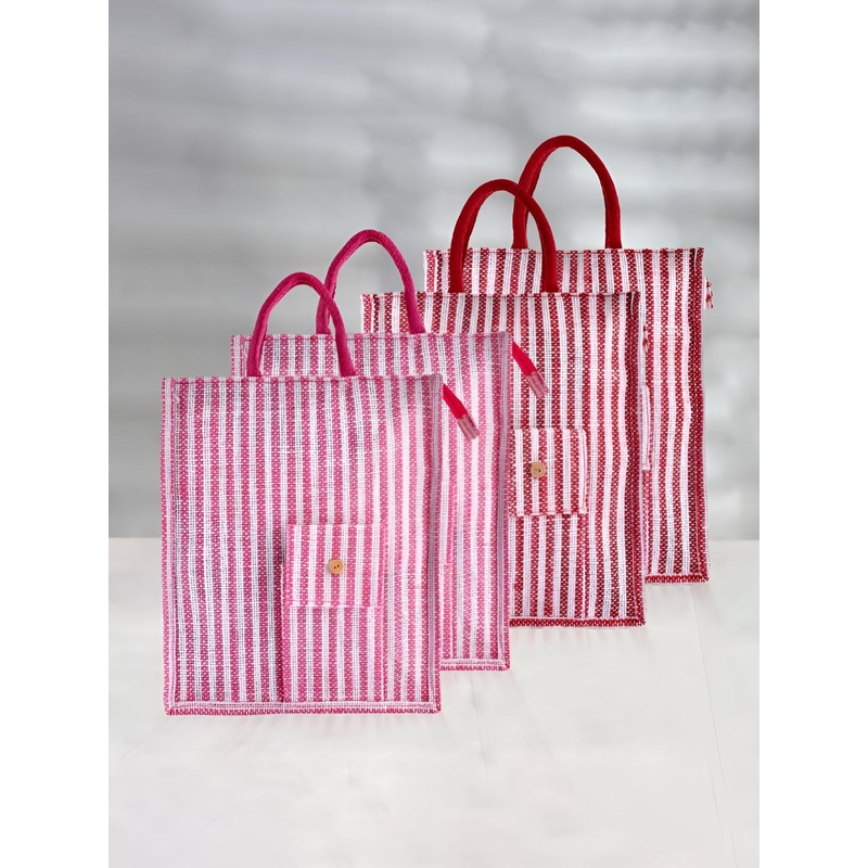 Aura Set Of 4 Striped Jute Oversized Shopper Tote Bag