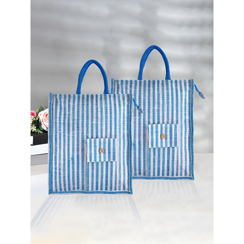 Aura Unisex Set Of 2 Striped Oversized Shopper Jute Tote Bags