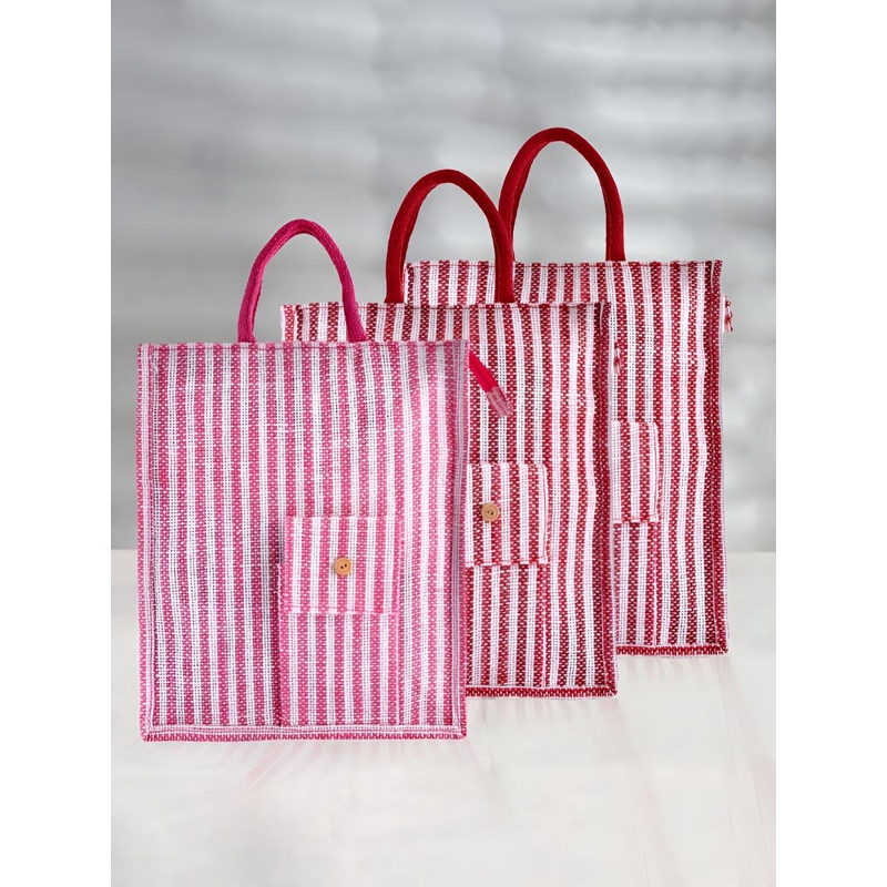 Aura Unisex Set Of 3 Striped Jute Oversized Shopper Jute Tote Bags